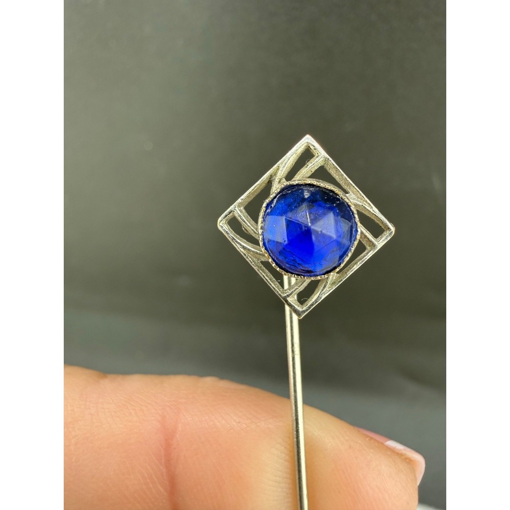 Vintage Rhinestone Stick Pin Brooch Silver Tone Blue